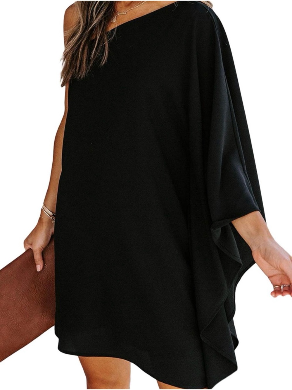 Women’s One Shoulder Ruffled Draped Cocktail Mini Dress – Black | Size Large - Picture 2 of 8